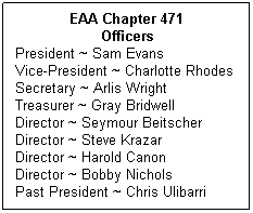 Text Box: EAA Chapter 471
Officers
President ~ Sam Evans
Vice-President ~ Charlotte Rhodes 
Secretary ~ Arlis Wright
Treasurer ~ Gray Bridwell
Director ~ Seymour Beitscher
Director ~ Steve Krazar
Director ~ Harold Canon
Director ~ Bobby Nichols
Past President ~ Chris Ulibarri
 
