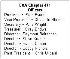 Text Box: EAA Chapter 471
Officers
President ~ Sam Evans
Vice-President ~ Charlotte Rhodes 
Secretary ~ Arlis Wright
Treasurer ~ Gray Bridwell
Director ~ Seymour Beitscher
Director ~ Steve Krazar
Director ~ Harold Canon
Director ~ Bobby Nichols
Past President ~ Chris Ulibarri
 
